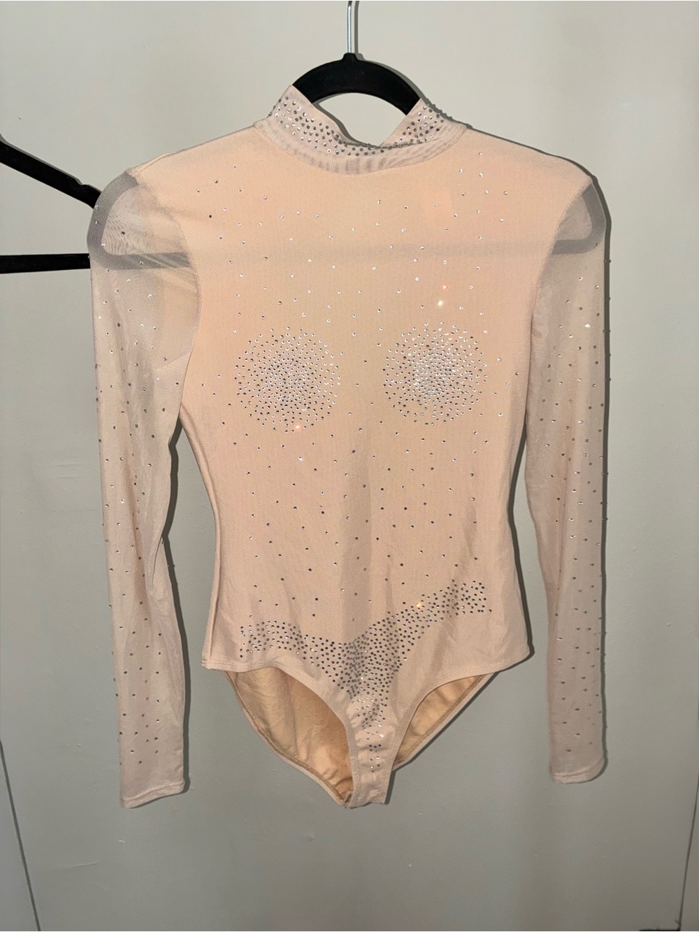 Dolls Kill starline Nude/Pale Pink Rhinestone Mesh Long-Sleeve Bodysuit